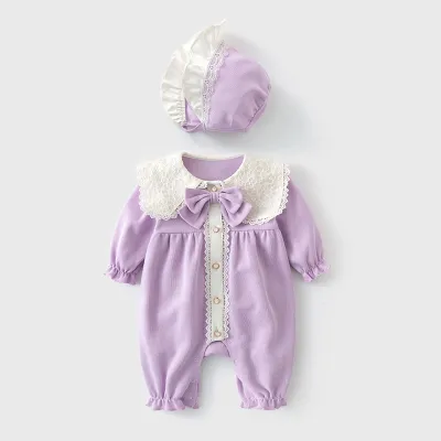 Kids Baby Girl Fashion Lace Stitching Lapel Long-Sleeve Jumpsuit with Hat Two-Piece Set