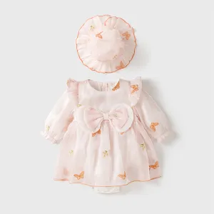 Kids Baby Girl Fashion Cute Butterfly Embroidery Bowknot Long-Sleeve Rompers Hat Two-Piece Set