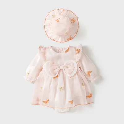 Kids Baby Girl Fashion Cute Butterfly Embroidery Bowknot Long-Sleeve Rompers Hat Two-Piece Set