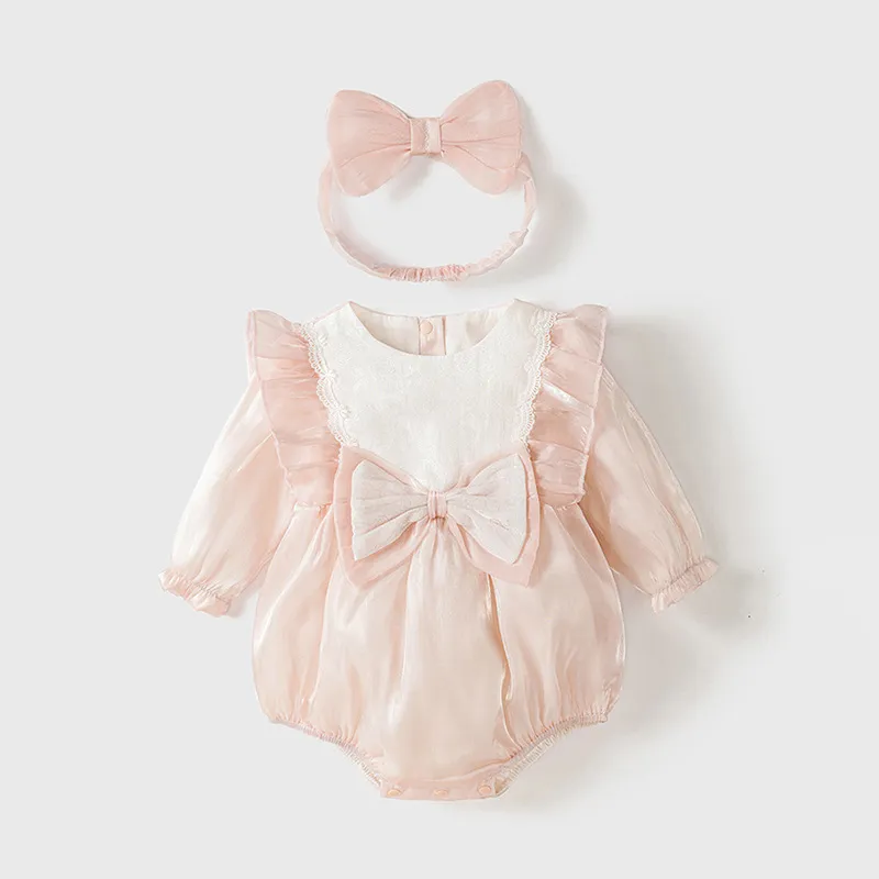 Fashion Lace Stitching Bowknot Long-Sleeve Rompers Hairband Two-Piece Set for Baby Girls