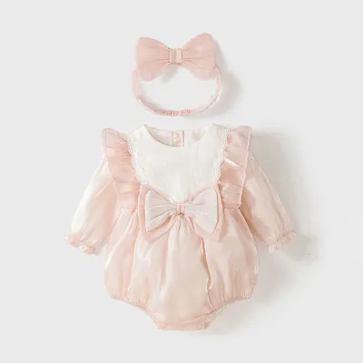 Fashion Lace Stitching Bowknot Long-Sleeve Rompers Hairband Two-Piece Set for Baby Girls