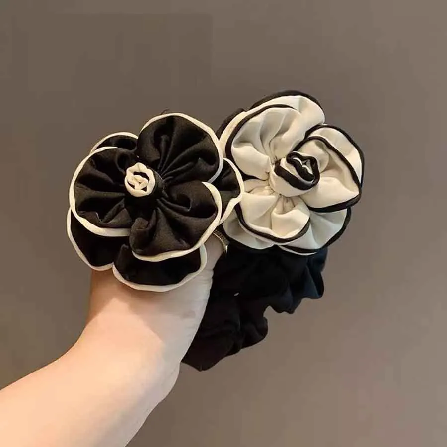 Women Fashion Elegant Camellia Satin Handmade Floral Hair Ring High Elasticity
