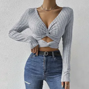 Women Sexy Slim Fit V-Neck Long Sleeve Crop Top