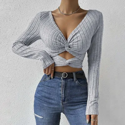 Women Sexy Slim Fit V-Neck Long Sleeve Crop Top
