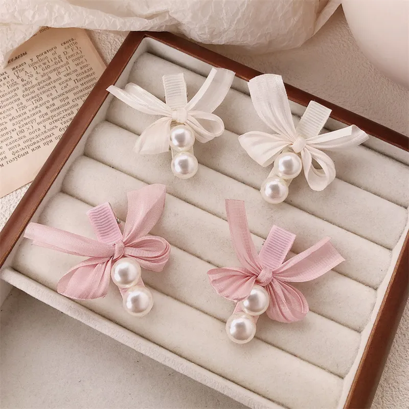 Kids Girls Fashion Pearl Bowknot Cloth Side Clip Hairpin