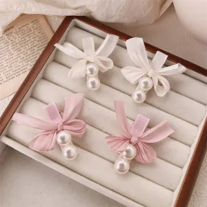 Kids Girls Fashion Pearl Bowknot Cloth Side Clip Hairpin