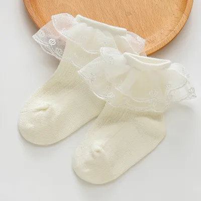 Kids Baby Girls Fashion Solid Color Double Lace Socks
