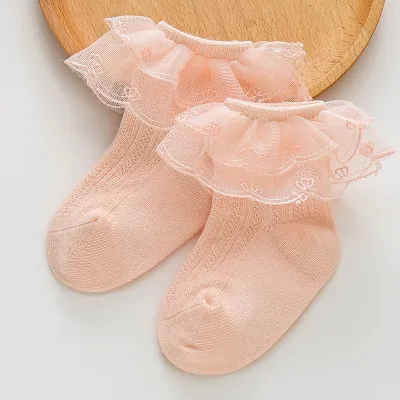 Kids Baby Girls Fashion Solid Color Double Lace Socks