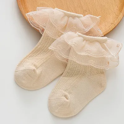 Kids Baby Girls Fashion Solid Color Double Lace Socks