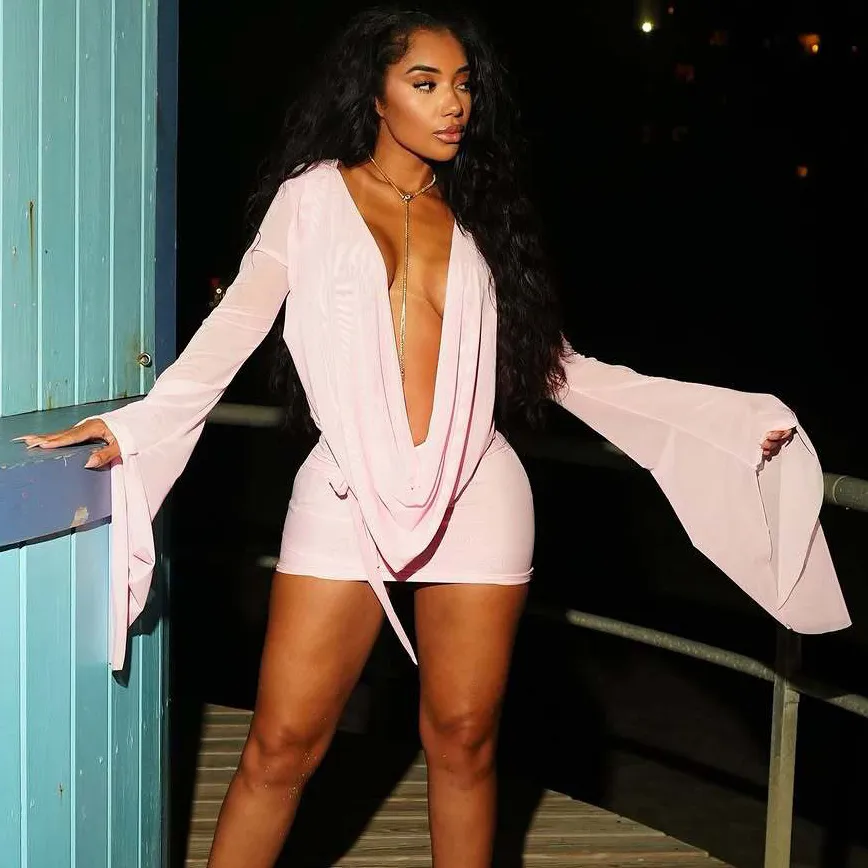 Women Sexy Mesh Deep V Slim-Fit Long Sleeve Dress