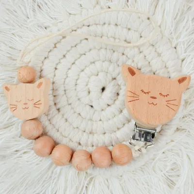 Kids Baby Cartoon Wooden Animal Chain Pacifier Clip Beech