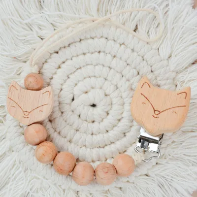 Kids Baby Cartoon Wooden Animal Chain Pacifier Clip Beech