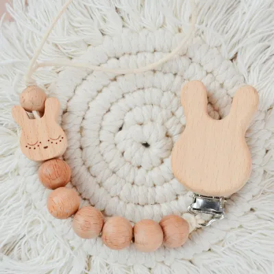 Kids Baby Cartoon Wooden Animal Chain Pacifier Clip Beech