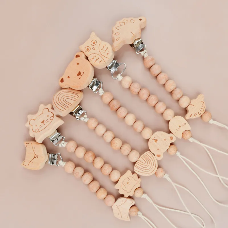 Kids Baby Cartoon Wooden Animal Chain Pacifier Clip Beech
