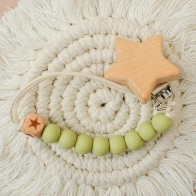 Kids Baby Silicone Five-Pointed Star Wood Pacifier Clip