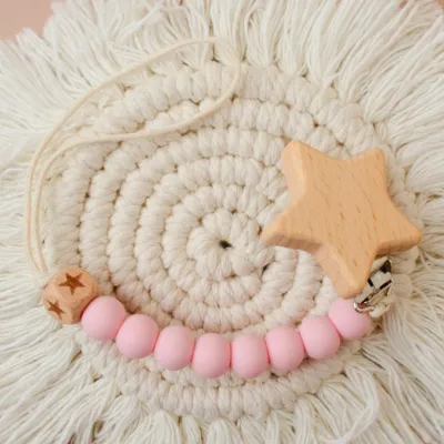 Kids Baby Silicone Five-Pointed Star Wood Pacifier Clip