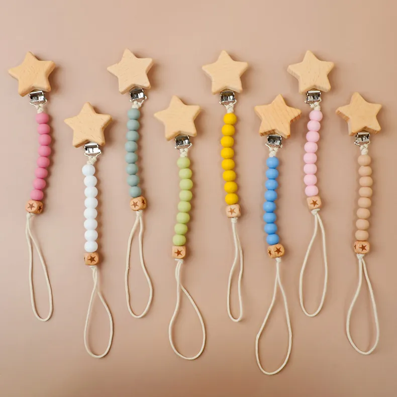 Kids Baby Silicone Five-Pointed Star Wood Pacifier Clip
