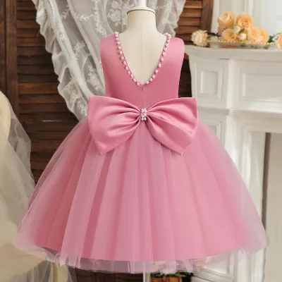 Kids Girl's Fashion Elegant Solid Color Pearl Bowknot Fluffy Backless Party Princess Dress