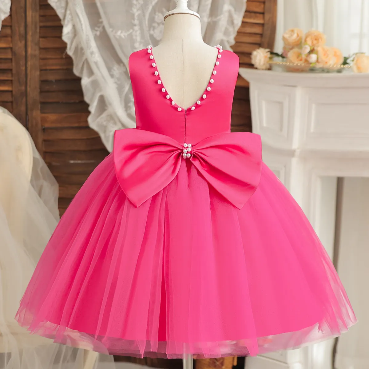 Kids Girl's Fashion Elegant Solid Color Pearl Bowknot Fluffy Backless Party Princess Dress