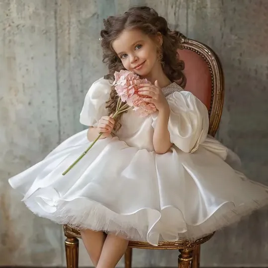 Kids Girls Fashion Elegant White Satin Flower Puff Sleeve Party Princess Dress