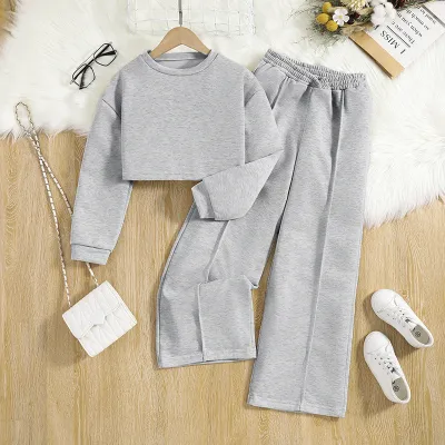 Kids Girls Fashion Casual Solid Color Long-Sleeve Sweatshirt Wide-Leg Pants Two-Piece Set