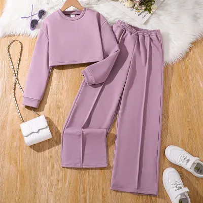 Kids Girls Fashion Casual Solid Color Long-Sleeve Sweatshirt Wide-Leg Pants Two-Piece Set