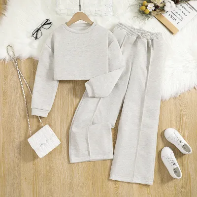 Kids Girls Fashion Casual Solid Color Long-Sleeve Sweatshirt Wide-Leg Pants Two-Piece Set