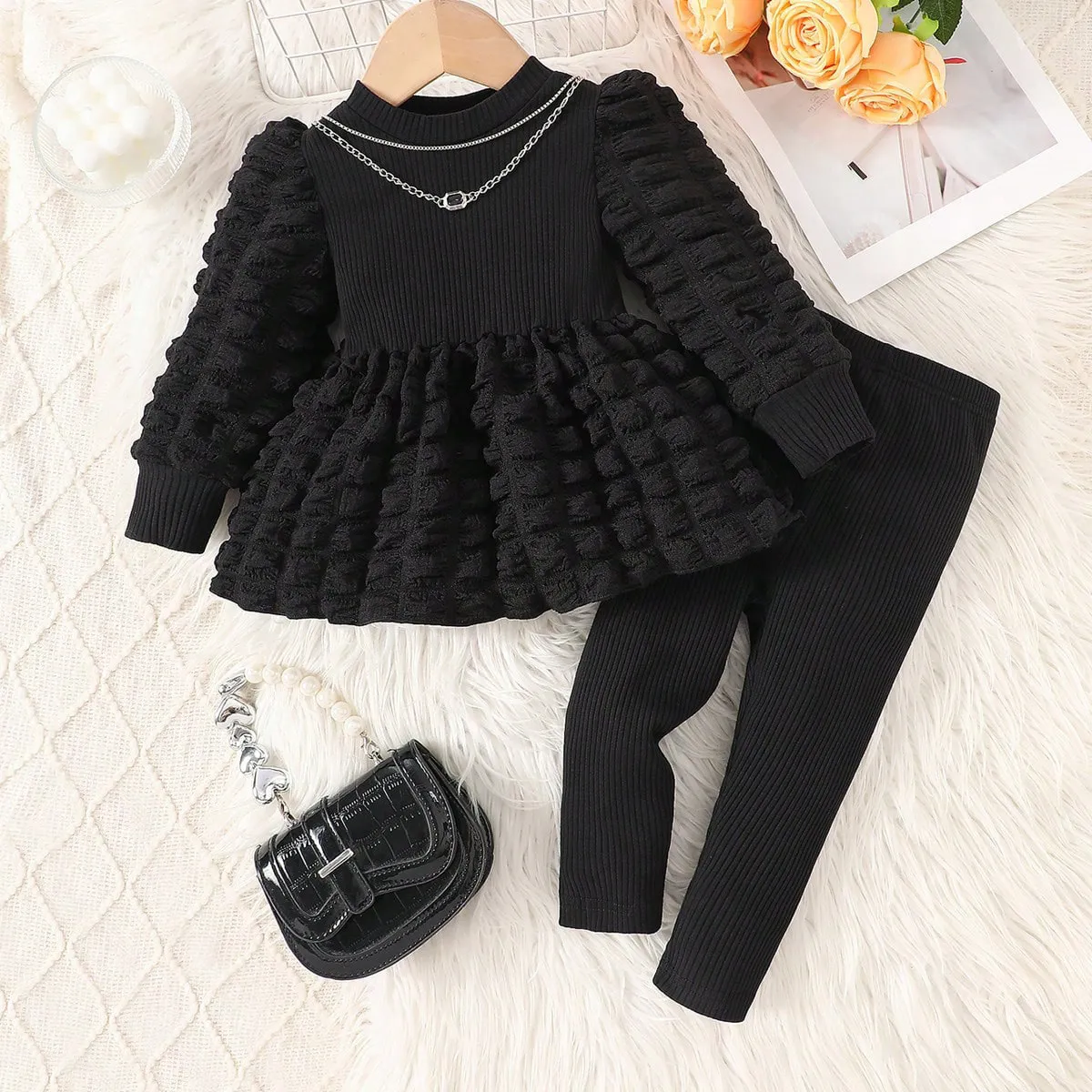 Kids Baby Girls Black Puff Long Sleeve Dress and Tight Pants Two-Piece Set Outfit