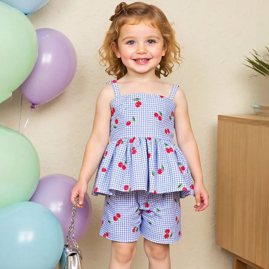 Kids Baby Girls' Fashion Cute Cherry Print Sleeveless Camisole Loose Shorts Two-Piece Set