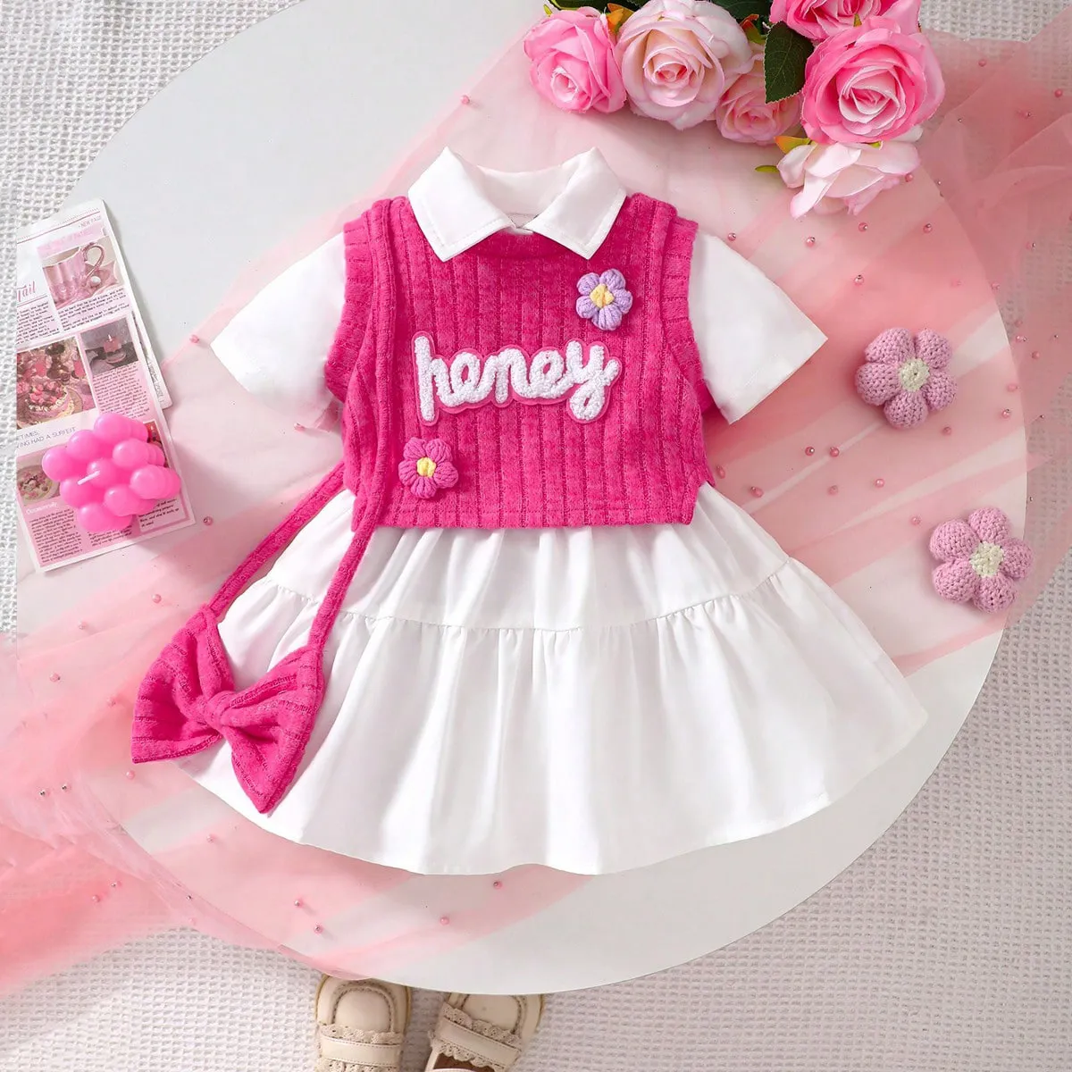 Kids Baby Girl's Fashion Solid Color Lapel Short-Sleeve Dress Letter Sticker Vest Two-Piece Set