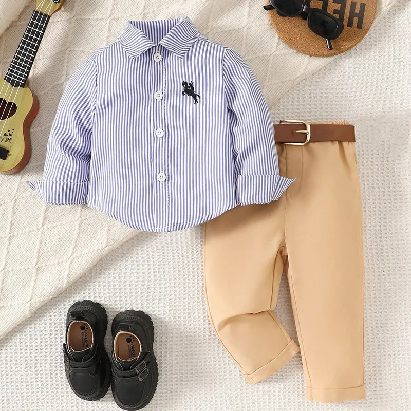 Kids Baby Boy Casual Stripe Lapel Long Sleeve Shirt Slim-Fit Pants Two-Piece Set