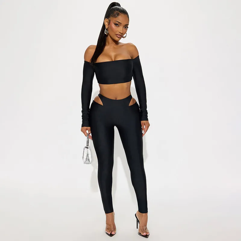 Women Fashion Sexy Solid Color Off-Shoulder Long-Sleeve Crop Top Hollow-Out Tight Pants Two-Piece Set