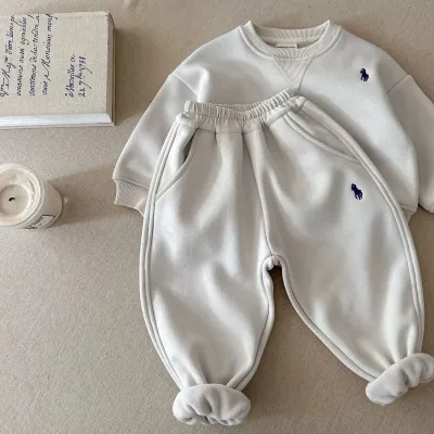 Kids Boys Fashion Casual Solid Color Velvet Long-Sleeve Sweatshirt and Pants Two-Piece Set