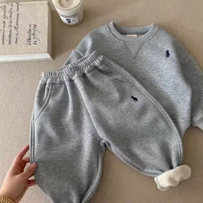 Kids Boys Fashion Casual Solid Color Velvet Long-Sleeve Sweatshirt and Pants Two-Piece Set
