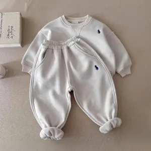Kids Boys Fashion Casual Solid Color Velvet Long-Sleeve Sweatshirt and Pants Two-Piece Set