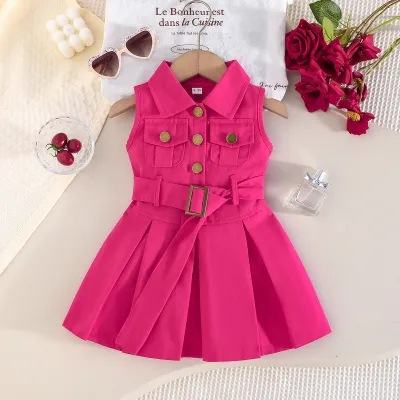 Kids Girl Fashion Casual Solid Color Lapel Sleeveless Belted Dress with Pockets