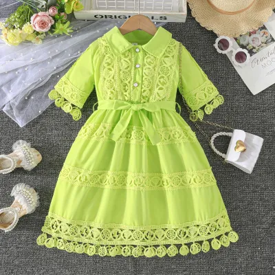 Kids Girls Elegant Solid Color Lace Embroidered Lapel Short-Sleeve Lace-Up Dress