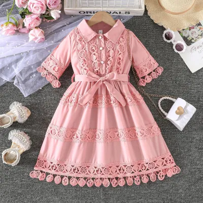 Kids Girls Elegant Solid Color Lace Embroidered Lapel Short-Sleeve Lace-Up Dress
