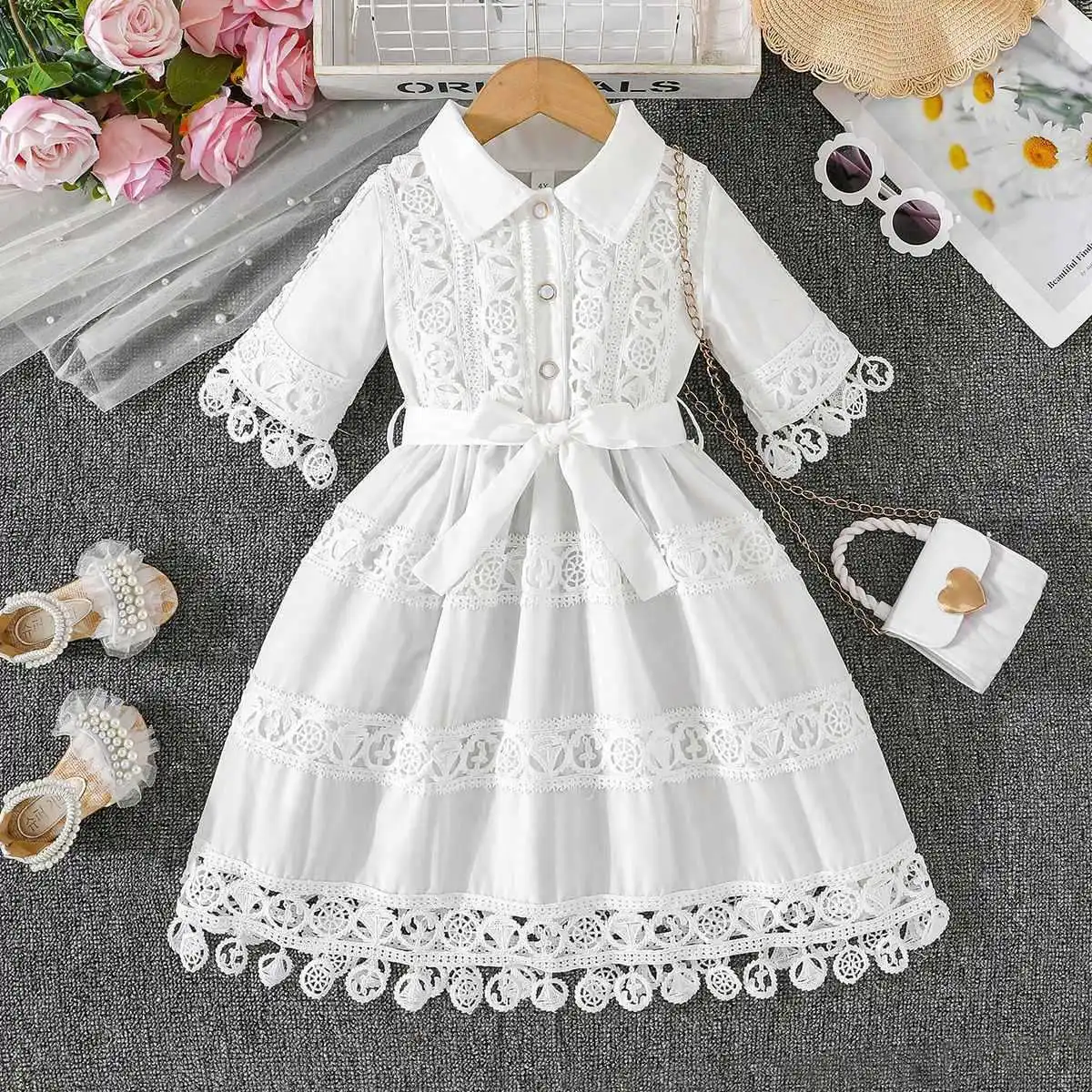 Kids Girls Elegant Solid Color Lace Embroidered Lapel Short-Sleeve Lace-Up Dress