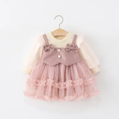 Kids Girls Fashion PU Leather Fake Two-Piece Puffy Yarn Long-Sleeve Mesh A-Line Dress