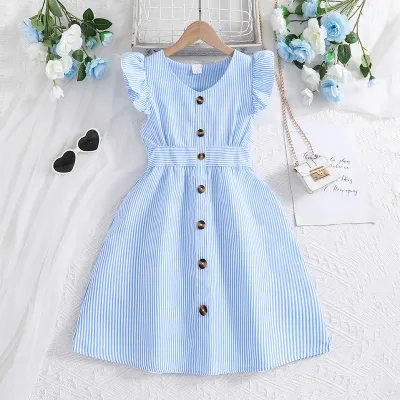 Kids Girls Fashion Stripe V-Neck Flutter Sleeve Button Dress for Summer