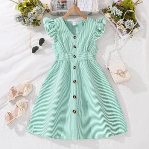 Kids Girls Fashion Stripe V-Neck Flutter Sleeve Button Dress for Summer