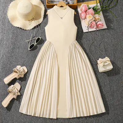 Kids Girl'S Fashion Elegant Solid Color Pleated Stitching Sleeveless Dress