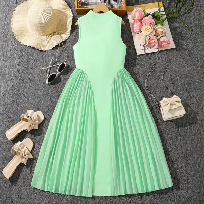Kids Girl'S Fashion Elegant Solid Color Pleated Stitching Sleeveless Dress