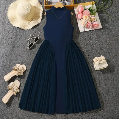 Kids Girl'S Fashion Elegant Solid Color Pleated Stitching Sleeveless Dress
