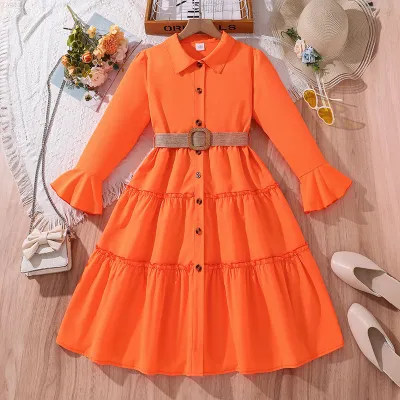 Kids Girl's Fashion Elegant Solid Color Lapel Long Sleeve Ruffled Dress