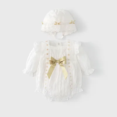 Kids Baby Girl's Fashion Cute Lace Bowknot Long Sleeve Cotton Rompers