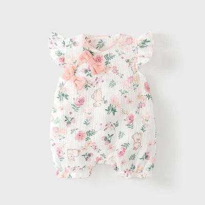 Kids Baby Girls Fashion Cute Cotton Yarn Printed Bowknot Flutter Sleeve Jumpsuit