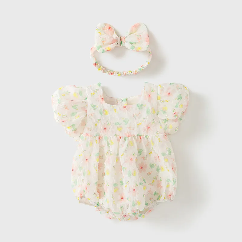 Kids Baby Girl's Fashion Flower Print Short Bubble Sleeve Lightweight Rompers