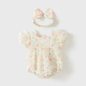 Kids Baby Girl's Fashion Flower Print Short Bubble Sleeve Lightweight Rompers